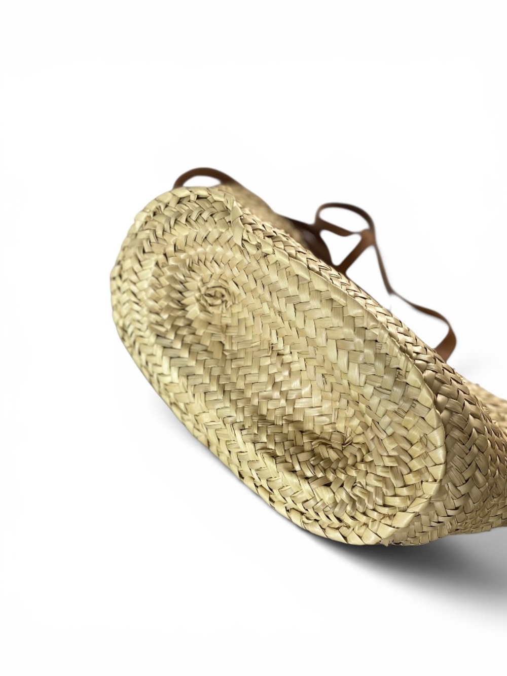 French Market Basket Tote | Woven Straw & Leather Straps | Drawstring Closure - Picture 3 of 7